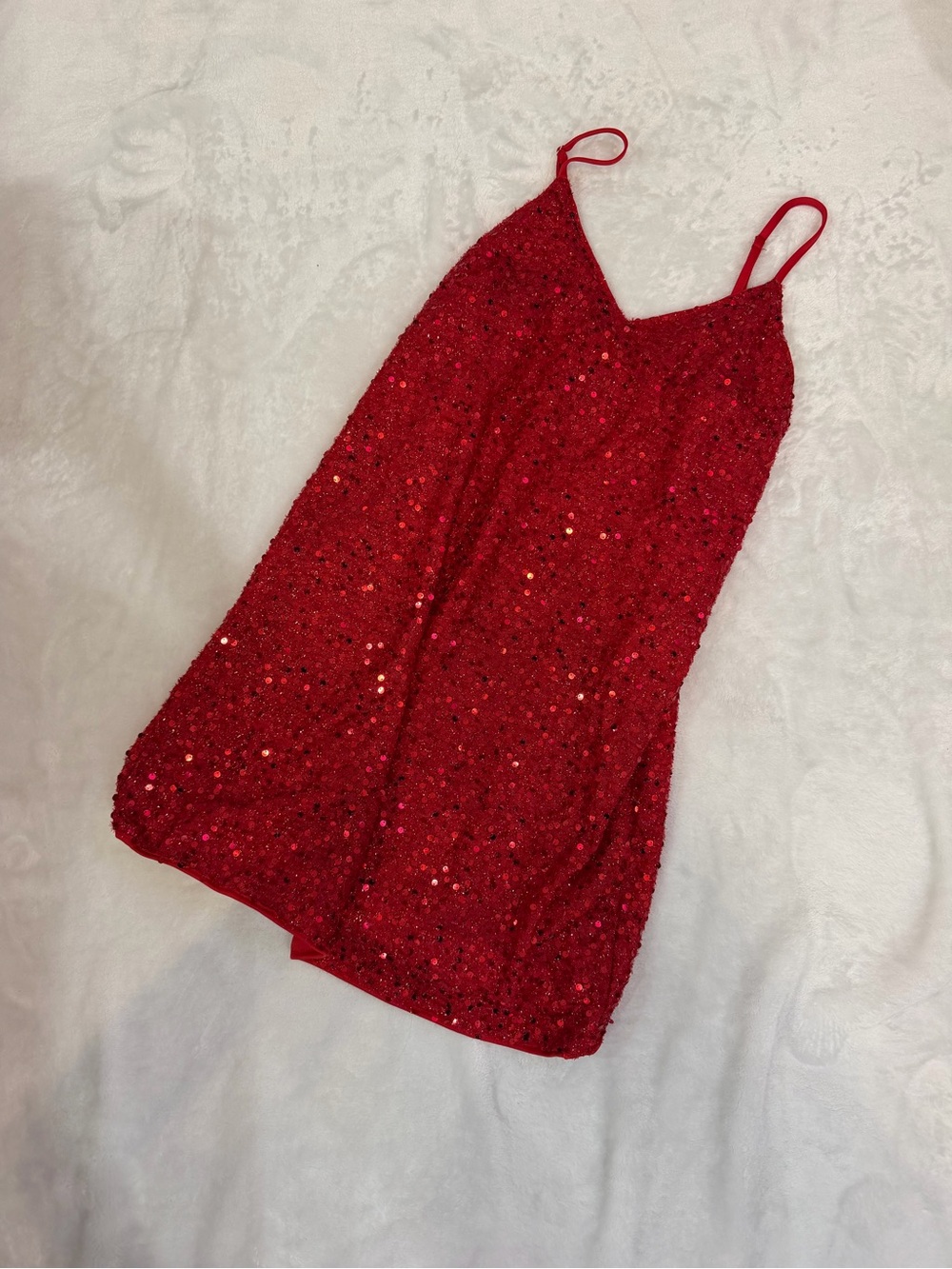 Sequin V-Neck Spaghetti Strap Dress - Red